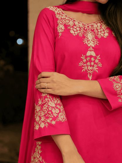 Fuschia Pink Shantoon Embroidered Kurta Pant With Dupatta