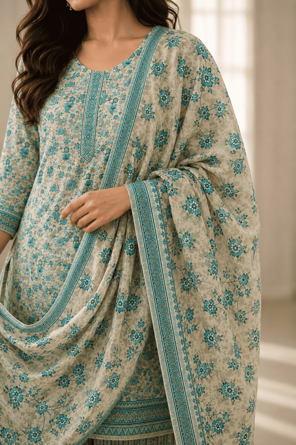 Beige cotton teal floral printed kurta pant set with dupatta