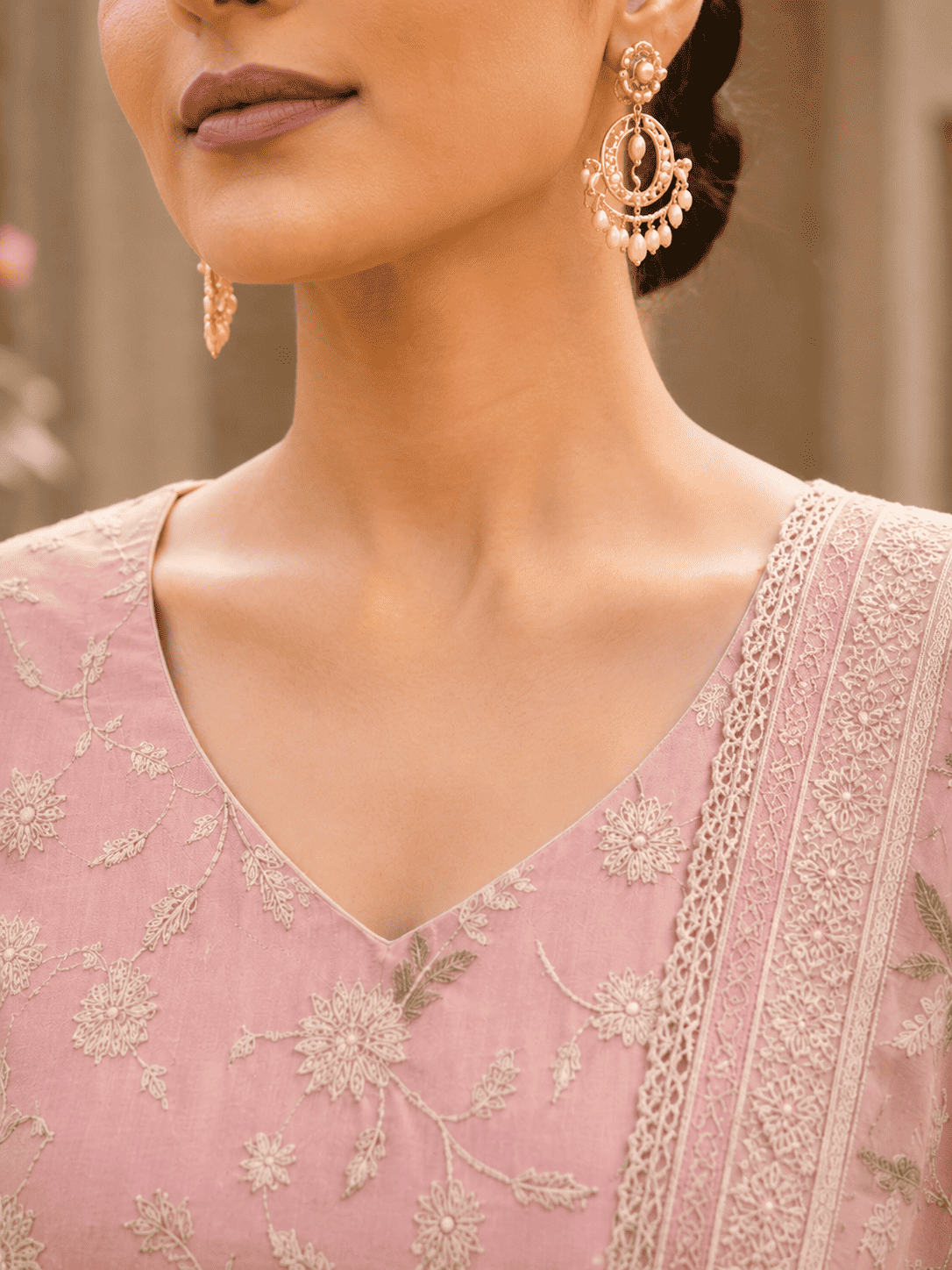 Unstitched Antique Rose Pink Fine Muslin-Cotton Blend With Sequin Accents And Textured Embroidered Suit Material