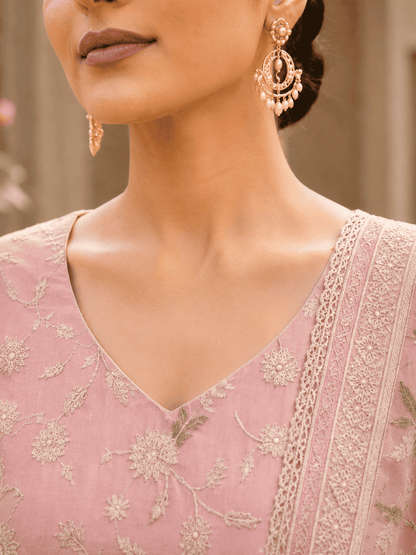Unstitched Antique Rose Pink Fine Muslin-Cotton Blend With Sequin Accents And Textured Embroidered Suit Material