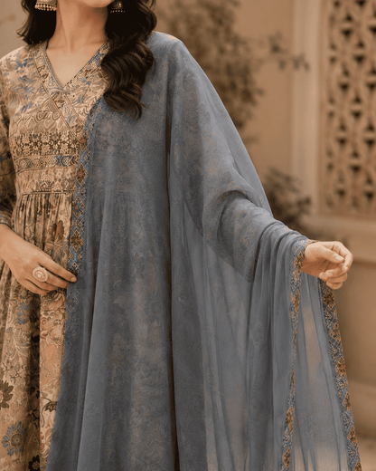 Olive Beige Cotton Blend Floral Kurta Set With Grey Dupatta