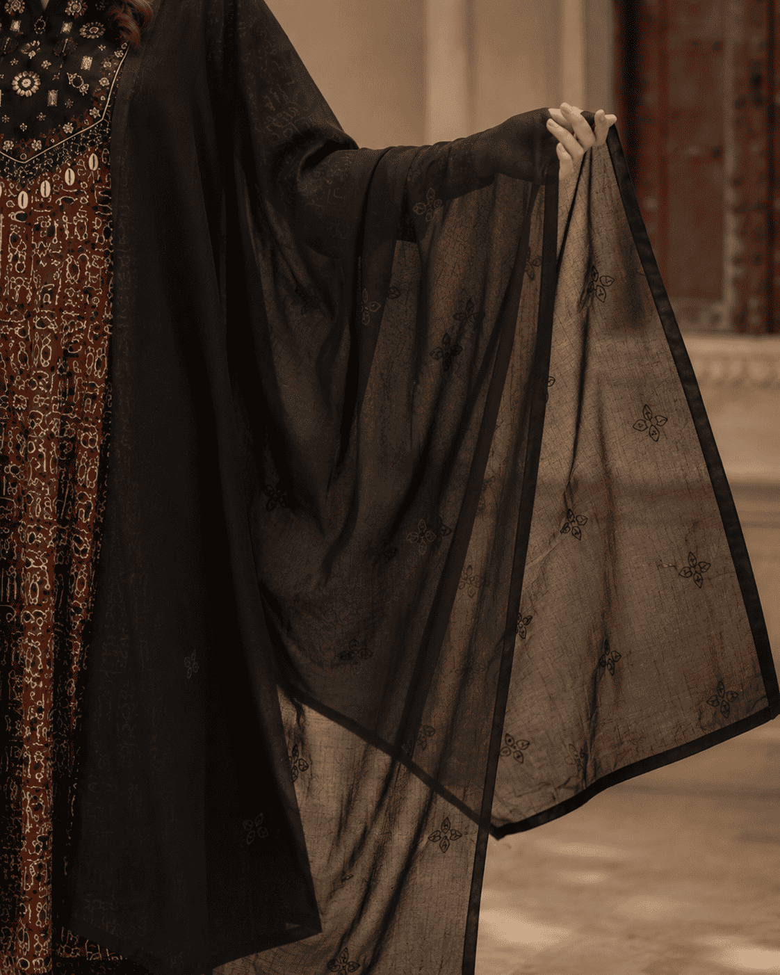 Brown Printed Cotton Anarkali Suit With Solid Black Dupatta