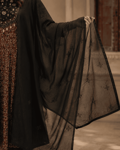 Brown Printed Cotton Anarkali Suit With Solid Black Dupatta