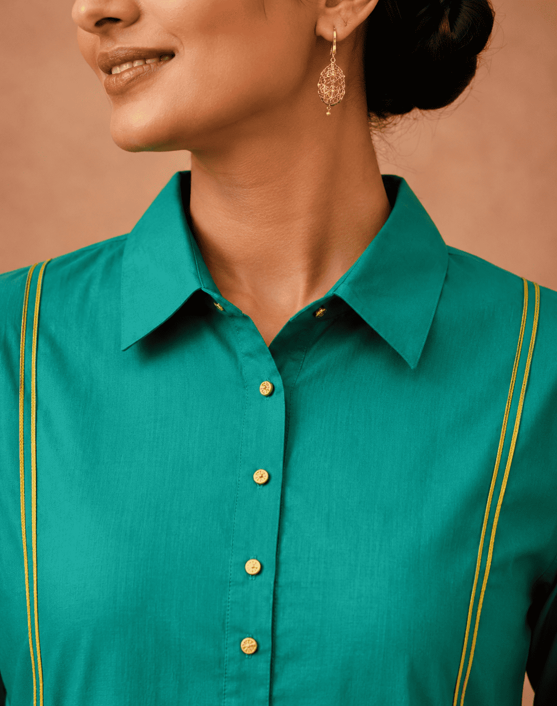 Teal linen with lime piping shirt collar kurta pant set