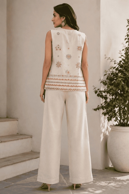 Ivory Roman silk embroidered blouse pant with jacket