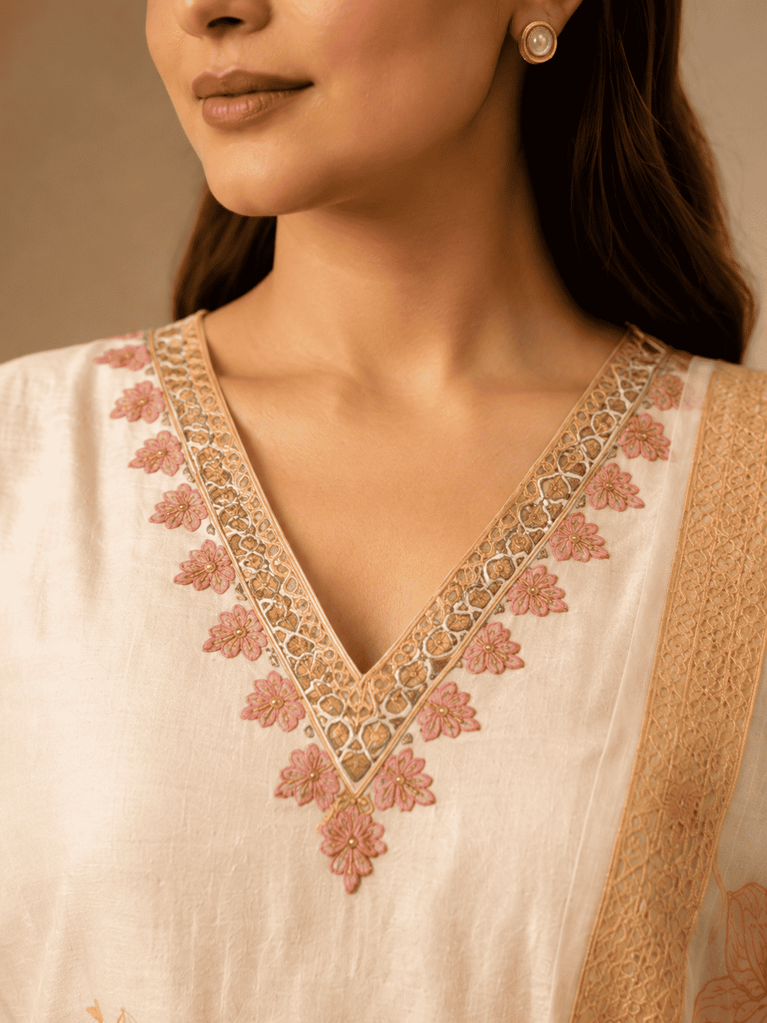 White With Delicate Pink And Blue Floral Patchwork Cotton Kurta Set With Organza Dupatta