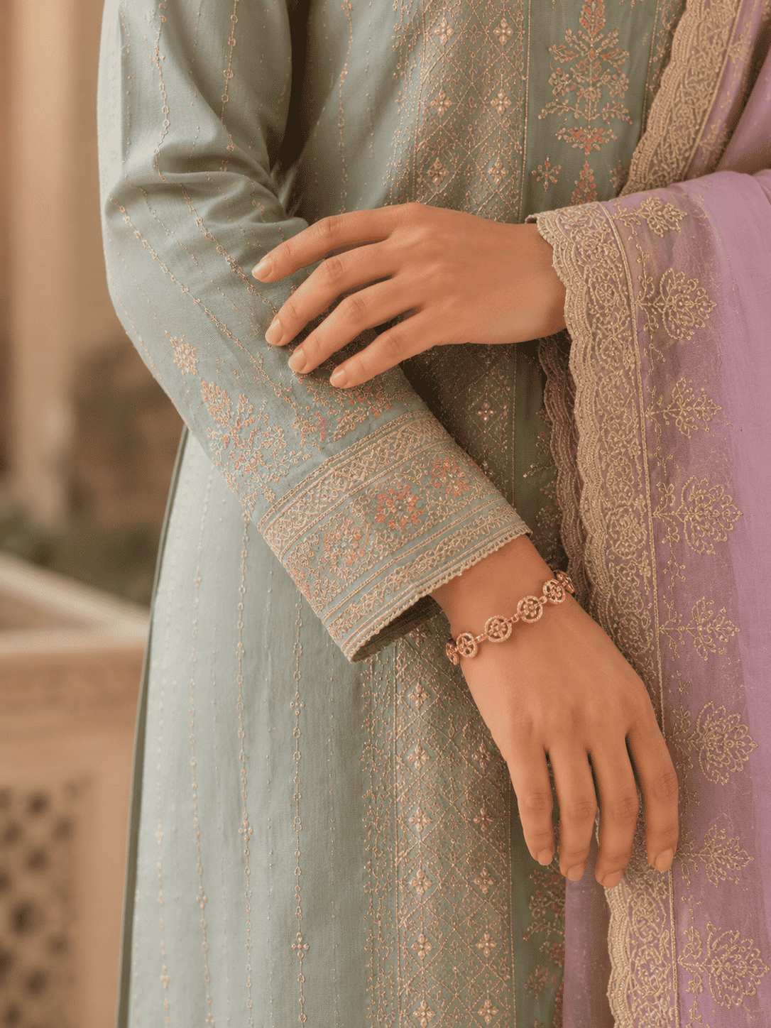 Unstitched Blush Pink Organza Suit With Ivory-Gold Floral Embroidery Suit Material
