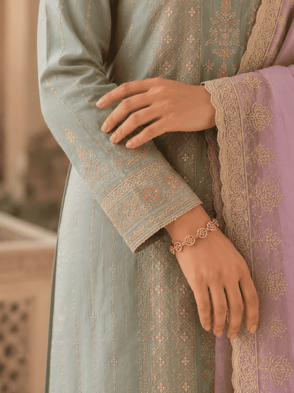 Unstitched Blush Pink Organza Suit With Ivory-Gold Floral Embroidery Suit Material