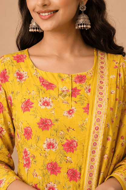 Mustard yellow cotton floral printed kurta pant set with dupatta