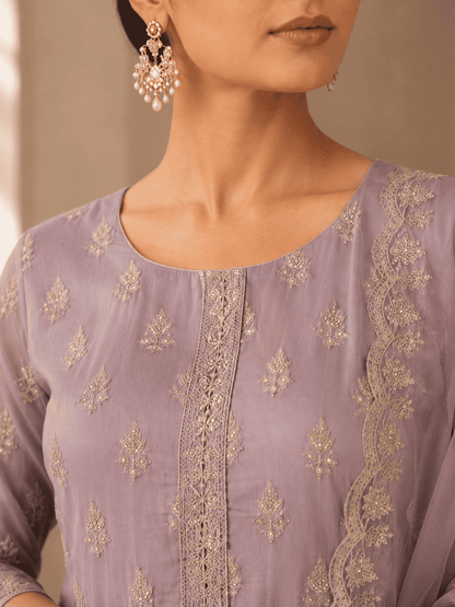 Semi-Stitched Dusty Lavender Organza With Ivory Tree-Motif Sequin Embroidered Suit Material