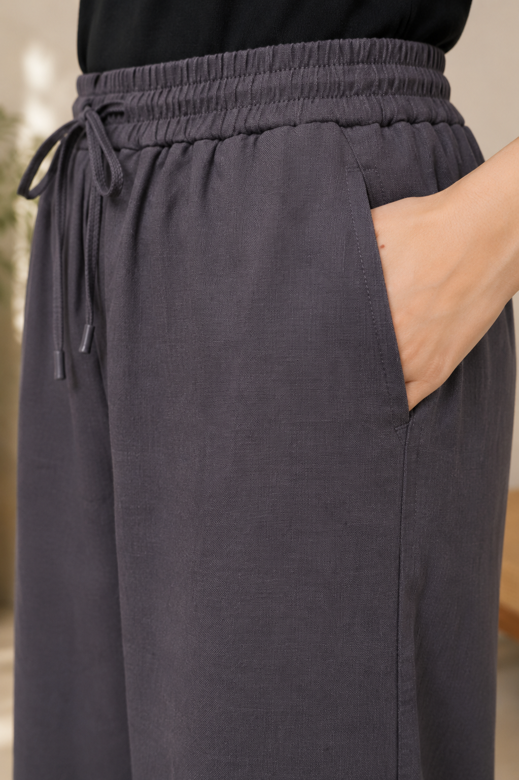 Solid Black Cotton Straight Pants