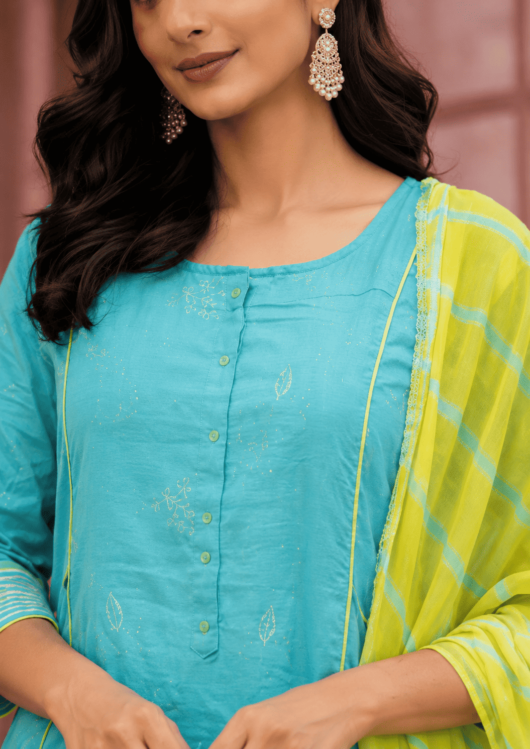 Turquoise cotton embroidered kurta pant set with yellow dupatta