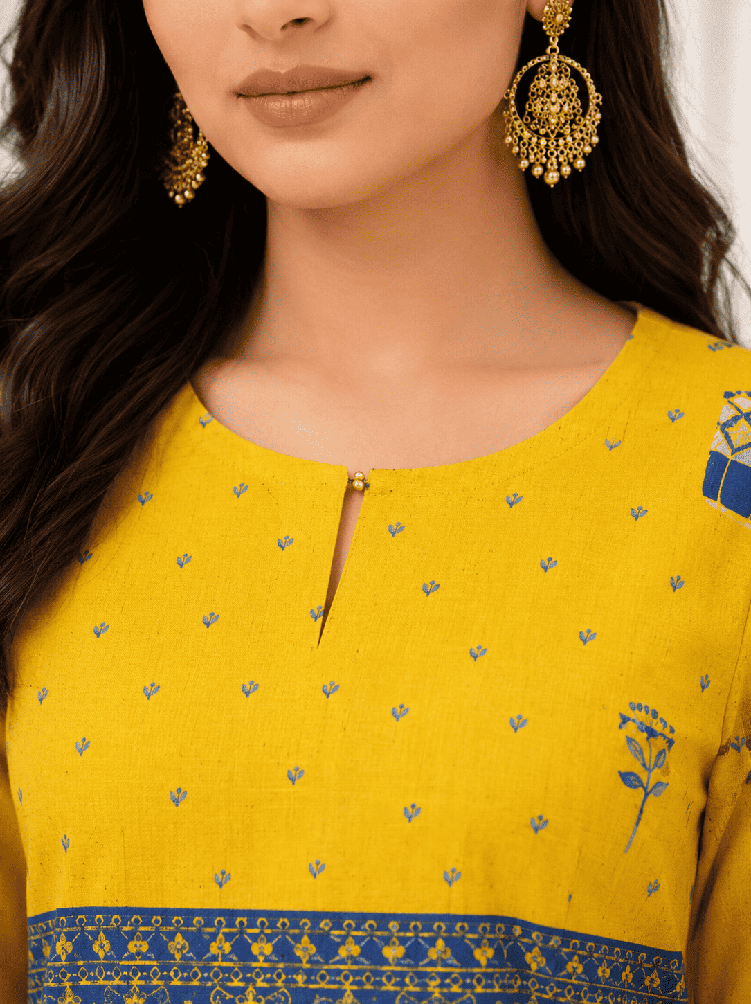 Mustard Yellow with Blue Print Cotton Kurta Pant Set