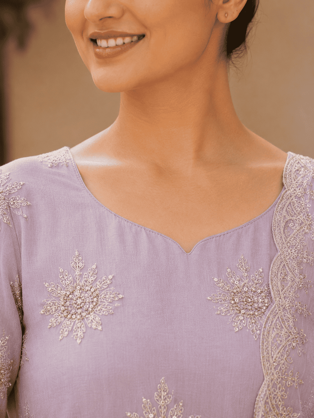 Semi-Stitched Mauve Lilac Chiffon Suit With Heavy Floral Sequin Border Detailing