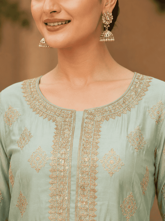 Semi-Stitched Soft Sea-Green Tissue Silk Wth A Glossy, Crinkled Texture Suit Material