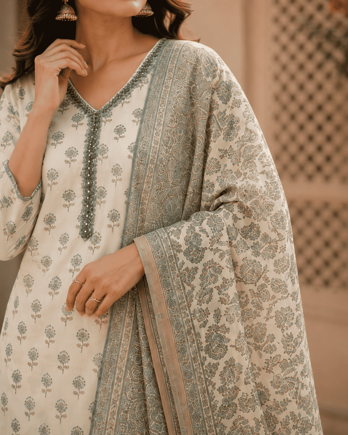 Ivory Cotton Kurta Set With Teal Bagru Print Paired With The Dupatta