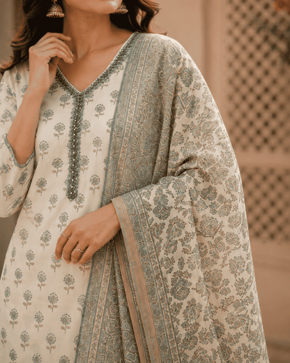 Ivory Cotton Kurta Set With Teal Bagru Print Paired With The Dupatta