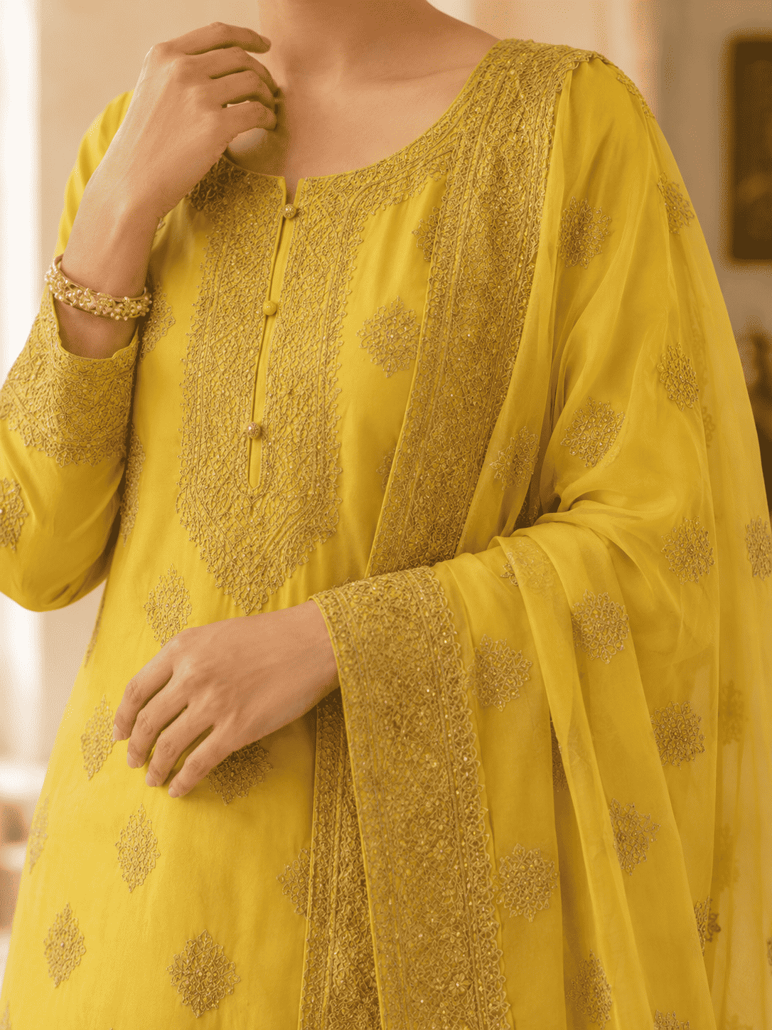 Semi-Stitched Fresh Lime-Yellow Ornate Golden Zari And Sequin Work Tissue Silk Suit With Dupatta