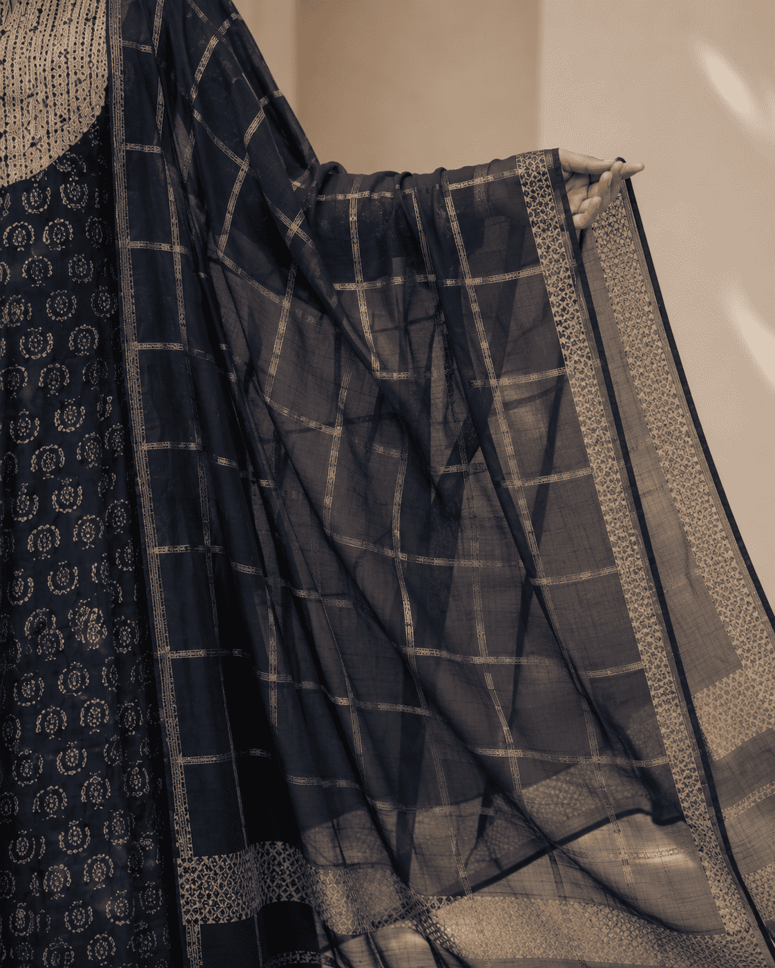 Navy Blue Printed Cotton Kurta Set With Matching Dupatta