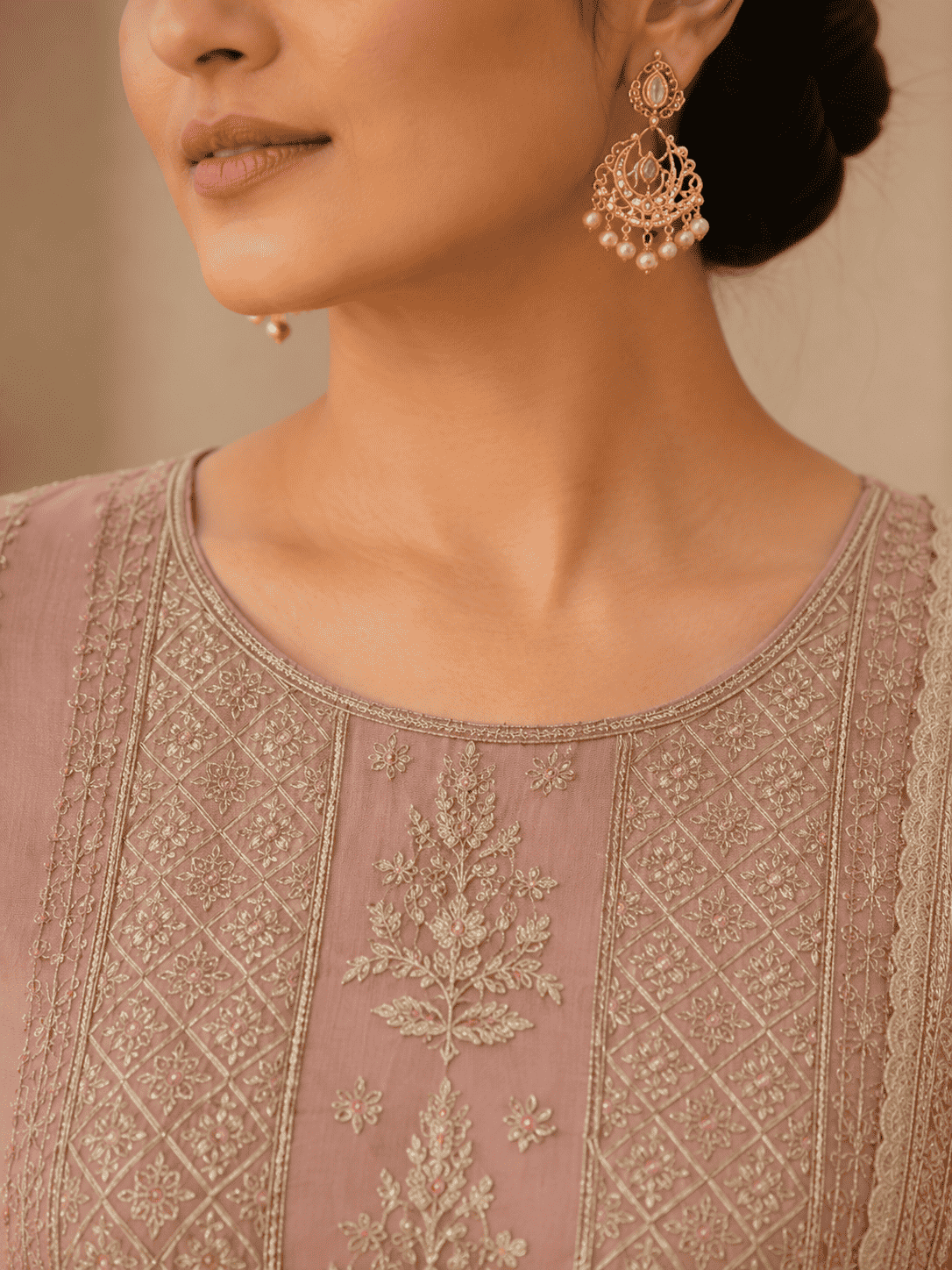 Unstitched Soft Blush Pink Organza With Intricate Ivory And Gold Threadwork Embroidery Suit Material