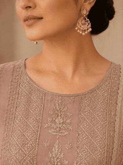 Unstitched Soft Blush Pink Organza With Intricate Ivory And Gold Threadwork Embroidery Suit Material