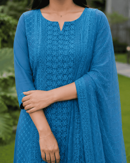 Blue Chikankari Embroidered Georgette Kurta Pant Set With Dupatta