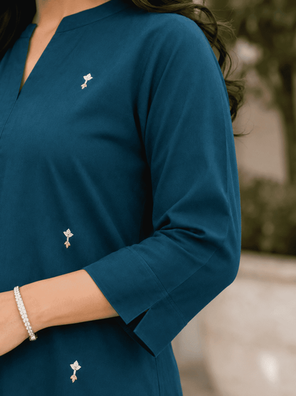 Navy Blue Pure Cambric Cotton Kurta Pant Set