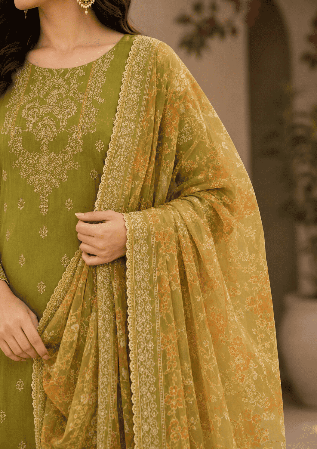 Olive Green Rayon Digital Printed Kurta Pant With Traditional Dupatta
