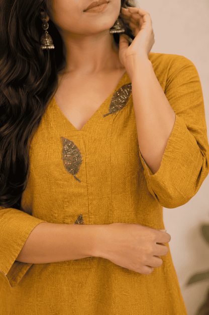 Mustard Embroidered Dola Silk Kurta Pant Set