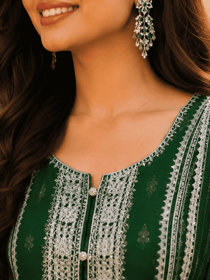 Semi-Stitched Soft Organza In A Forest Green Shade With Intricate Multicoloured Thread And Zari Embroidery Suit Material