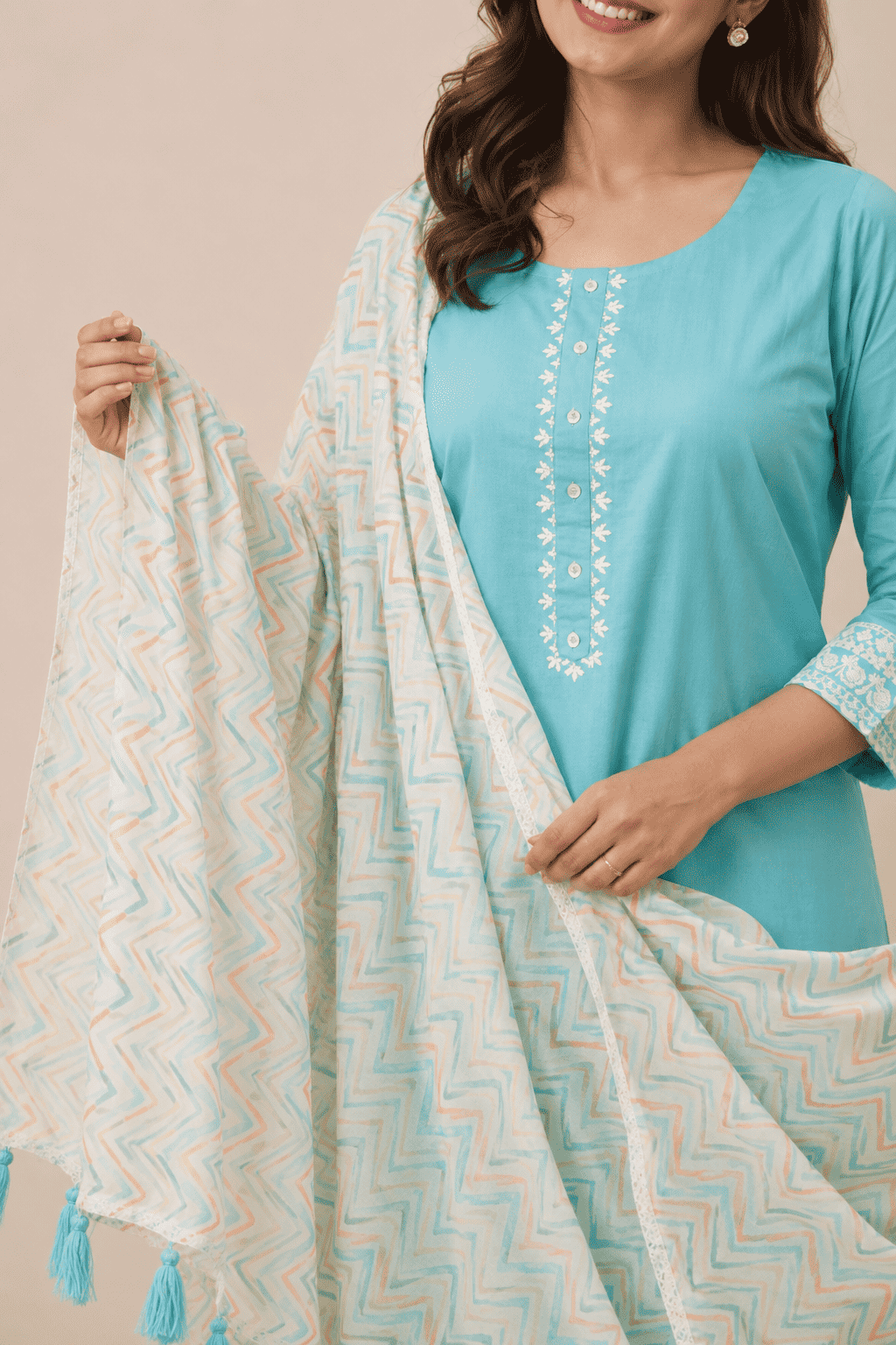 Sea green cotton kurta set with printed dupatta