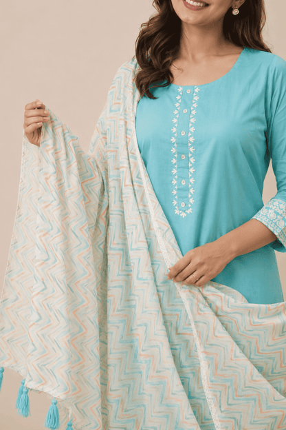 Sea green cotton kurta set with printed dupatta
