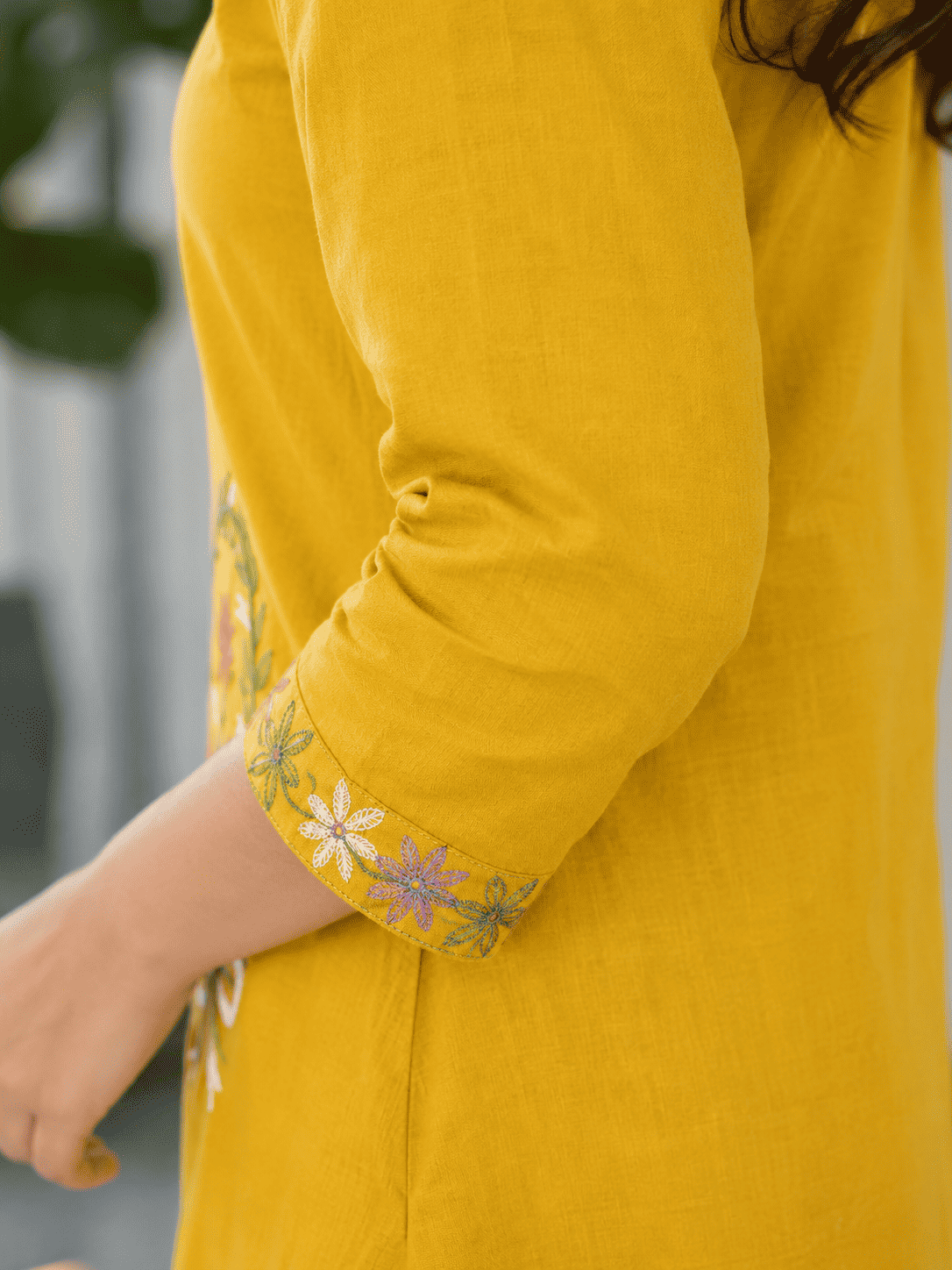 Mustard Yellow Cotton Embroidered Kurta With Pant