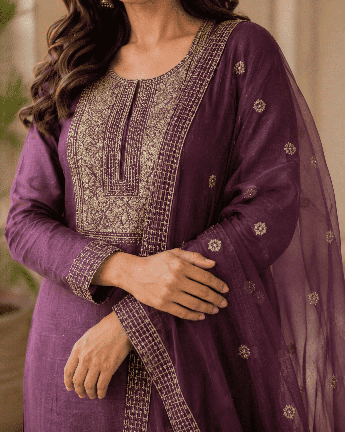 Semi-Stitched Plum-Purple Organza Suit Featuring Fine Zari And Sequin Embroidery