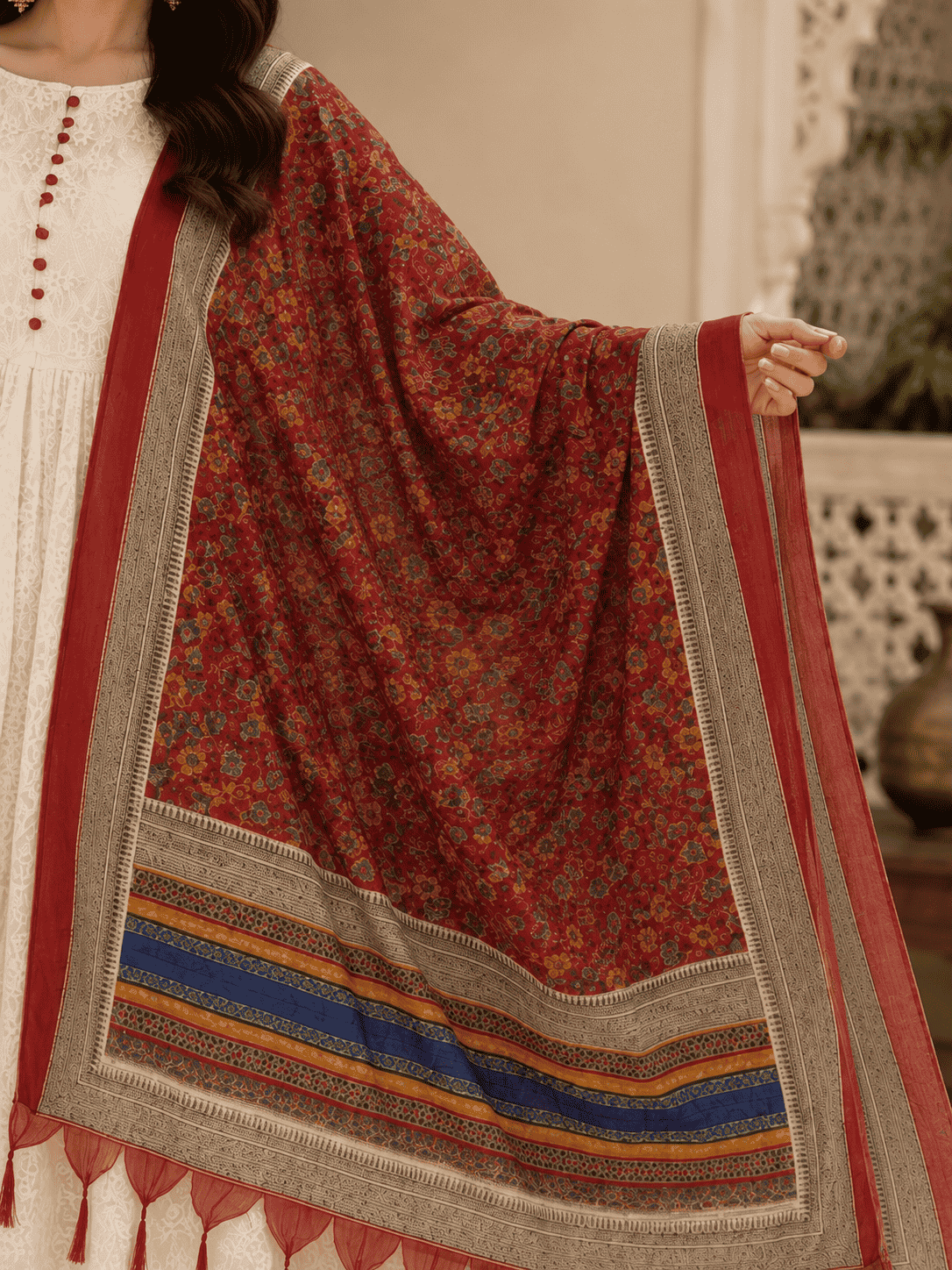 White Chikankari Kurta Pant With Red Printed Dupatta