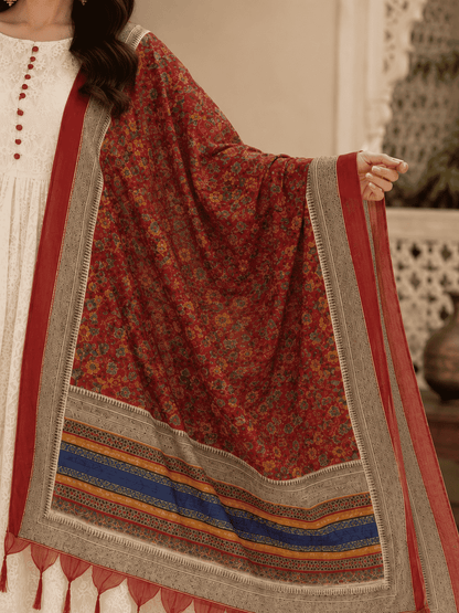 White Chikankari Kurta Pant With Red Printed Dupatta