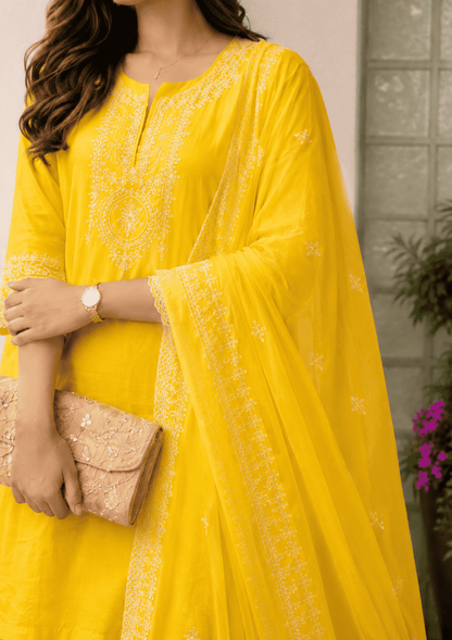 Bright Yellow Embroidered Cotton Kurta Pant Set With Dupatta