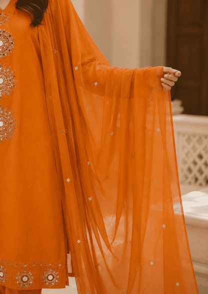 Orange Cotton Embroidered Kurta Set With Dupatta