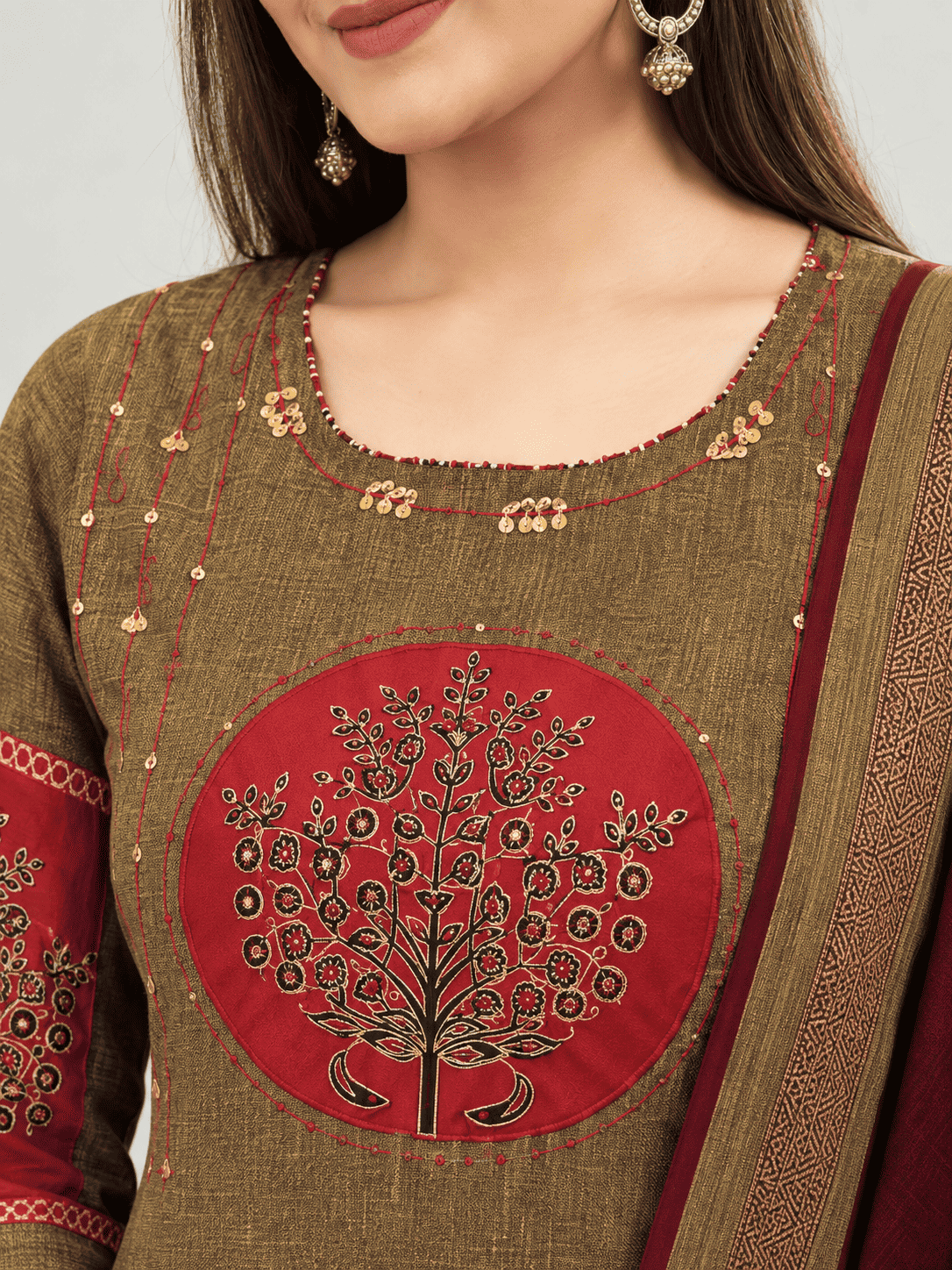Brown and Maroon Embroidered kurta and pant with dupatta