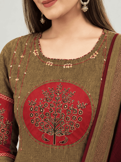 Brown and Maroon Embroidered kurta and pant with dupatta
