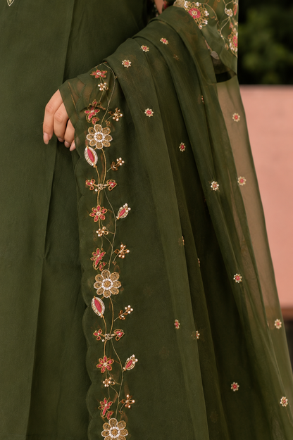 Mehendi Green Silk Blend Embroidered Kurta and Pant with Dupatta