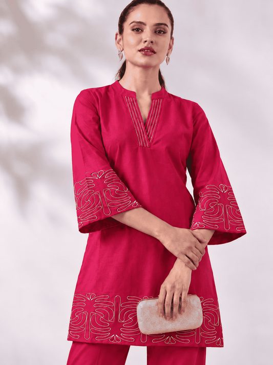 Rani Pink Cotton Blend Kurta and Pant Set