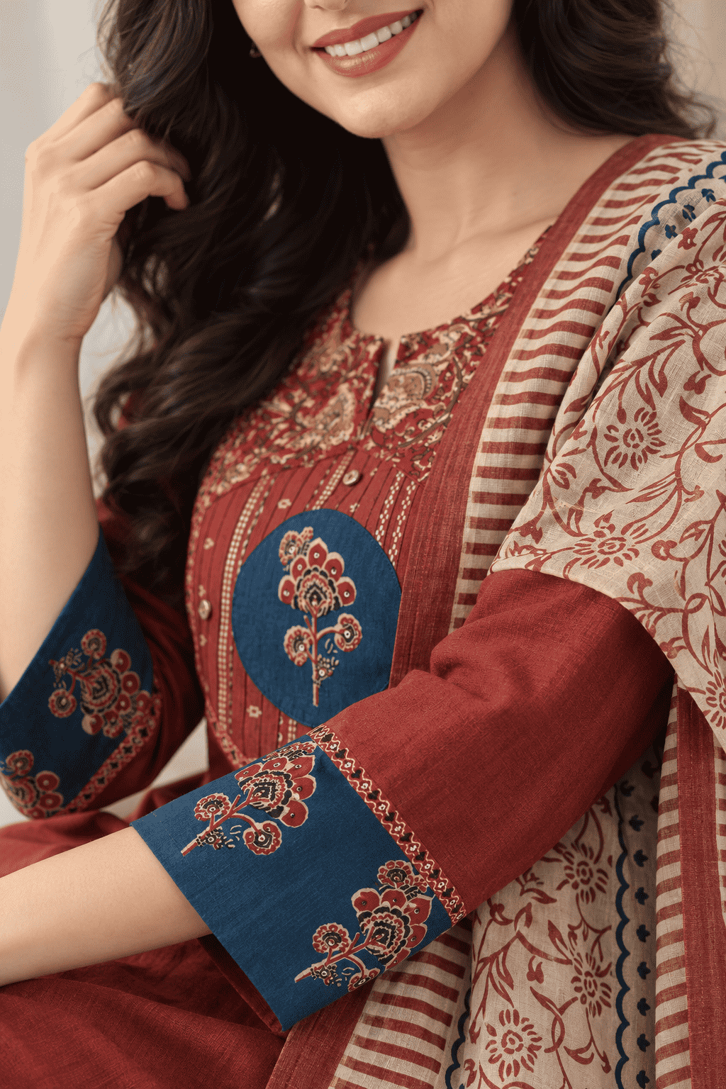 Rust Red Handloom Cotton Kurta and Pant With Dupatta