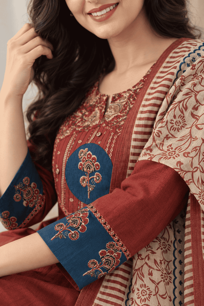 Rust Red Handloom Cotton Kurta and Pant With Dupatta