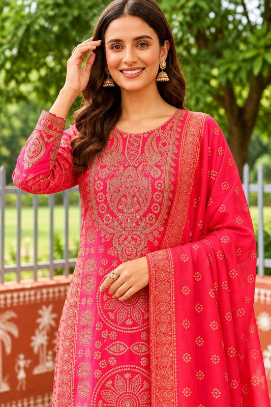 Hot Pink Embroidered Chinon Bandhani Kurta Set With A Vibrant Dupatta