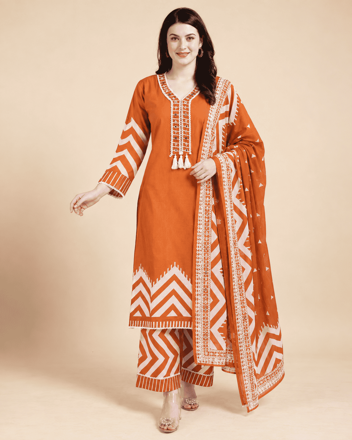 Rust Orange Printed Cotton Blend Kurta Pant and Dupatta