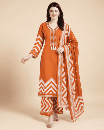 Rust Orange Printed Cotton Blend Kurta Pant and Dupatta