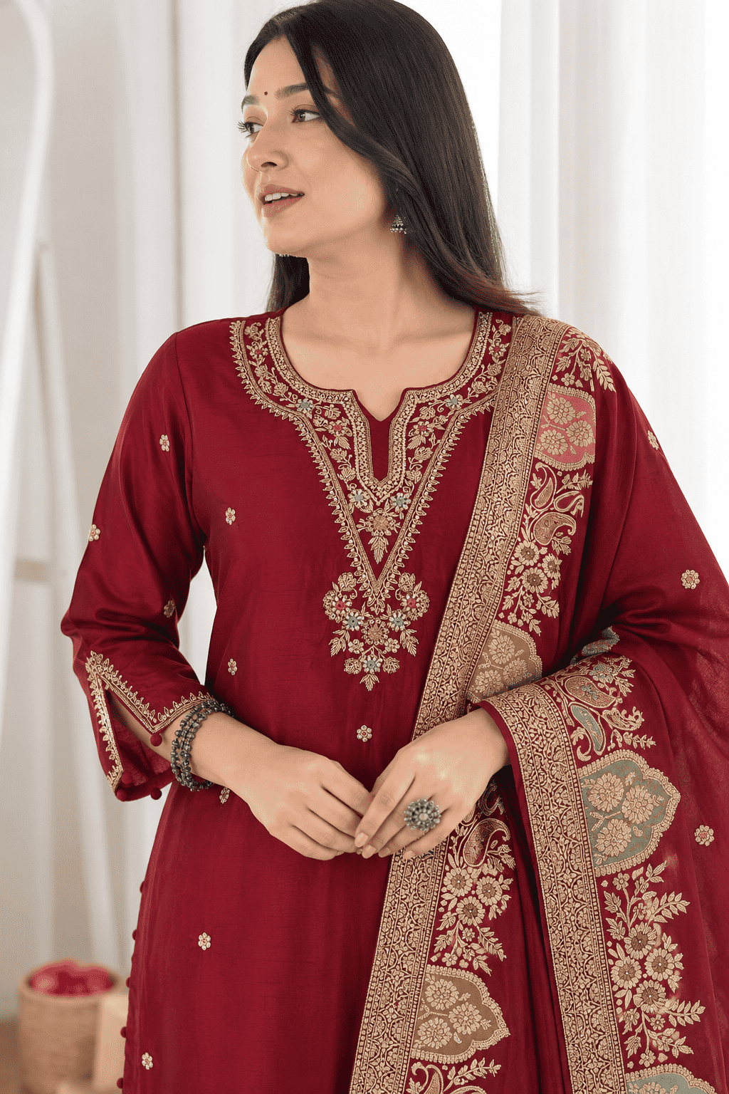 Maroon Embroidered Dola Silk Kurta and Pant with dupatta