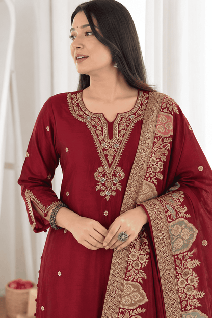 Maroon Embroidered Dola Silk Kurta and Pant with dupatta