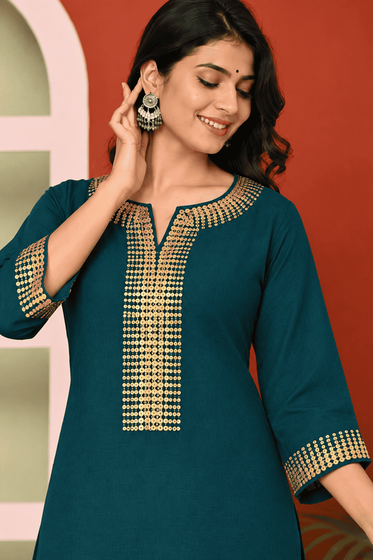 Dark Green Silk Blend Embroidered Kurta Pant Set